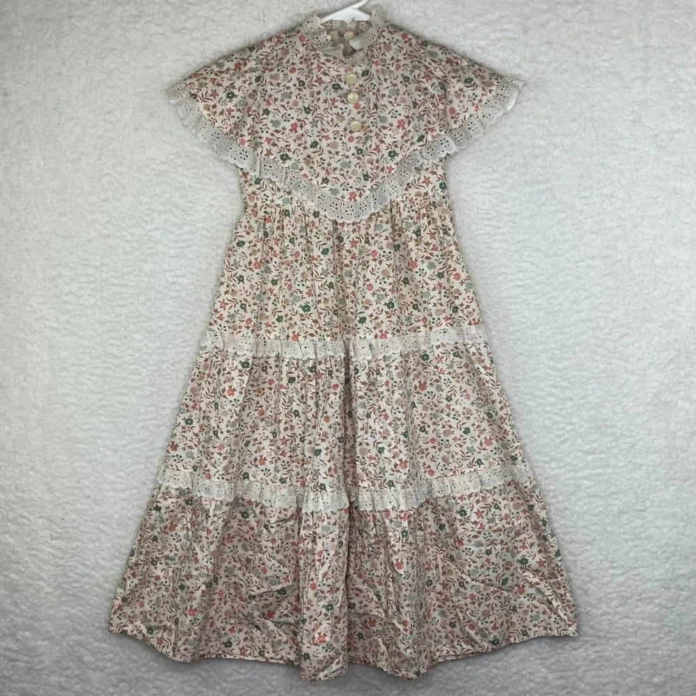 Vintage Floral Prairie Dress Girls 5 Maxi Tiered Lace Cottagecore Little House
